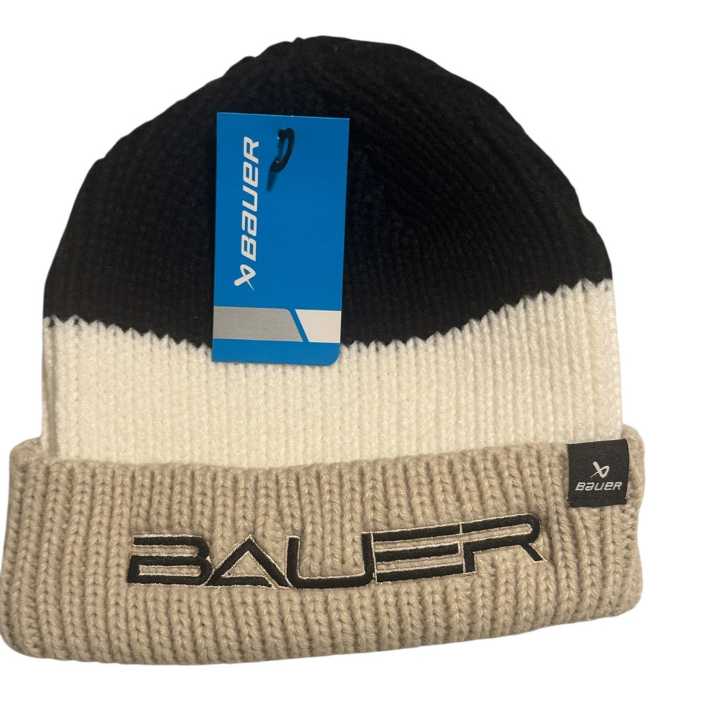 Bauer New Era Colorblock Youth Toque Beanie Black Tan White NWT Hockey Winter